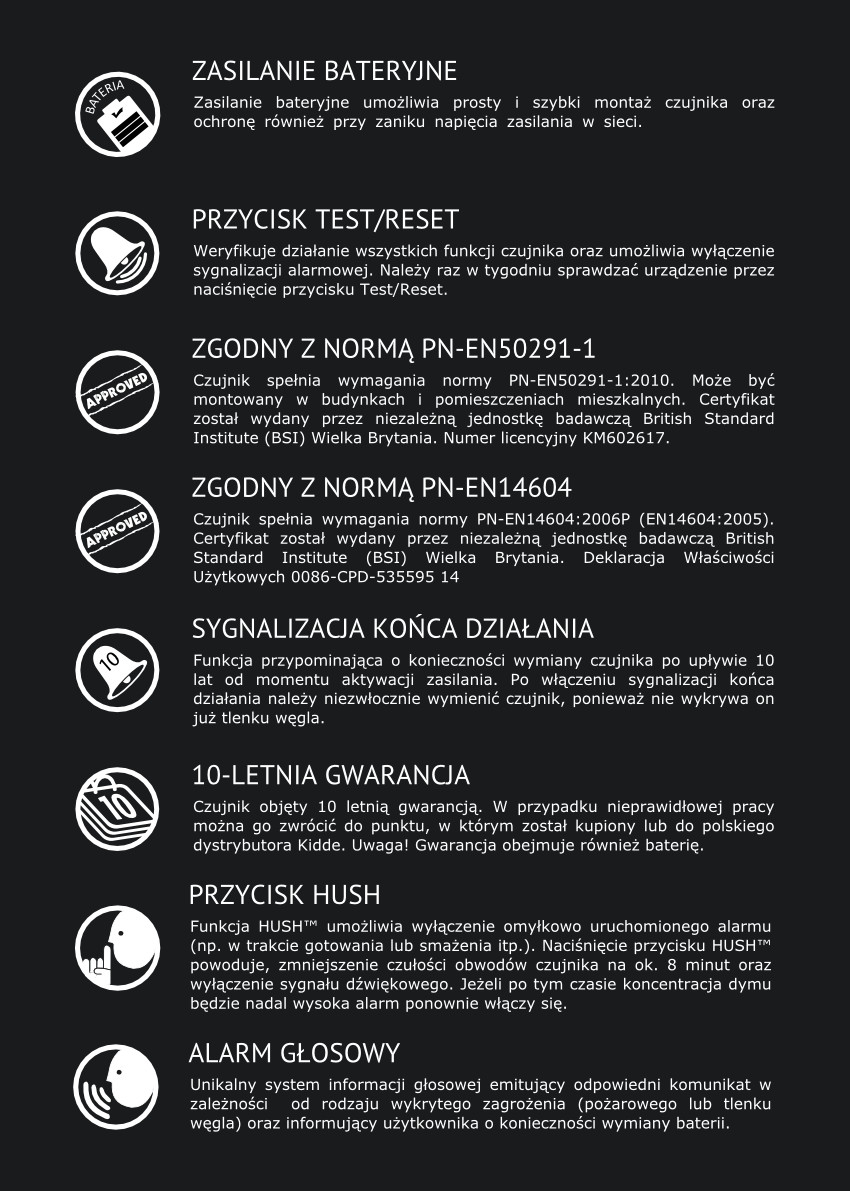 Czujnik dymu i czadu KIDDE 10SCO cechy