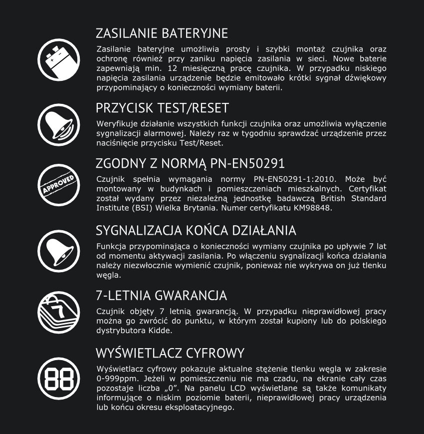 Czujnik tlenku węgla KIDDE z wyświetlaczem LCD podsumowanie cech