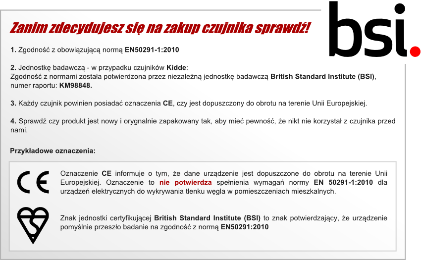 Czujnik tlenku węgla KIDDE z wyświetlaczem LCD certyfikaty