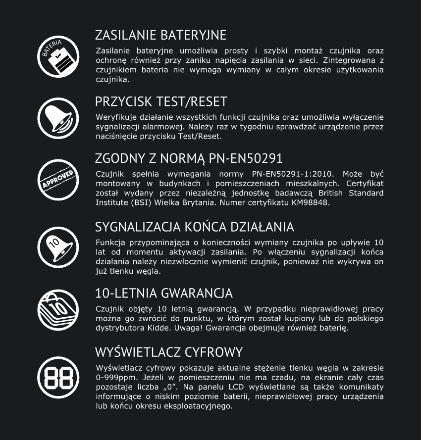 Czujnik czadu ze zintegrowanym zasilaniem bateryjnym 10lldco cechy