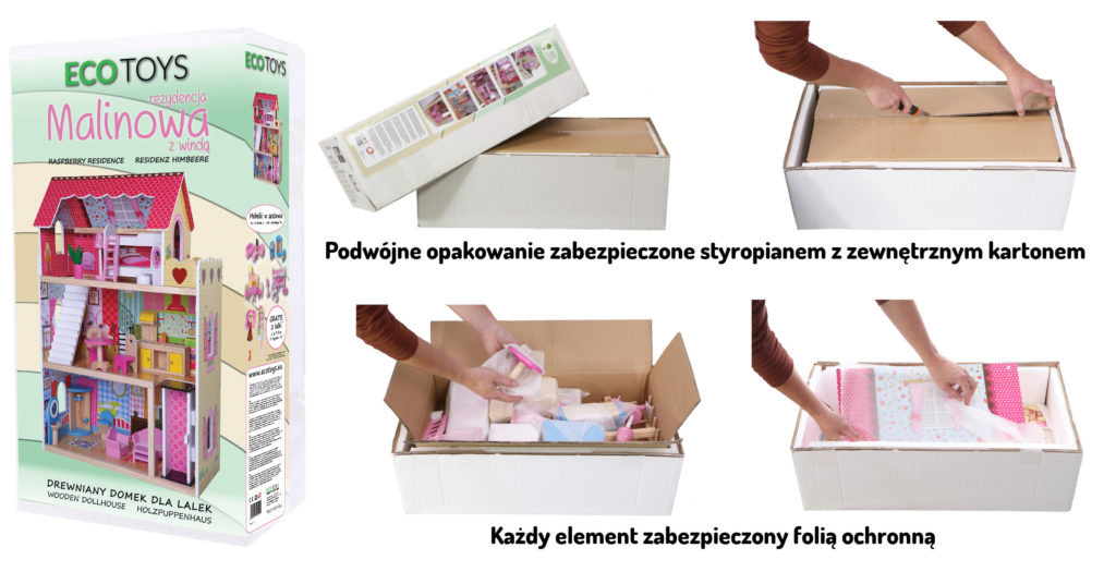 Informacje o opakowaniu rezydencji malinowej z windą i lalkami ECOTOYS 4120