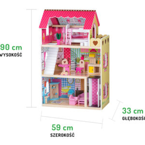 Wymiary drewnianej malinowej rezydencji z winda i lalkami ECOTOYS 4120