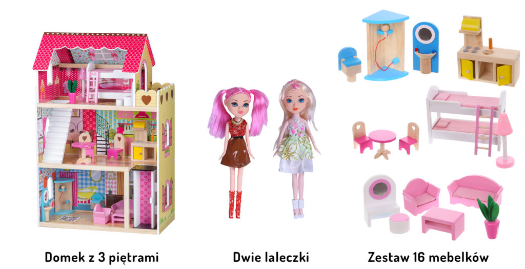 Zawartość zestawu rezydencji malinowej z windą i lalkami ECOTOYS 4120