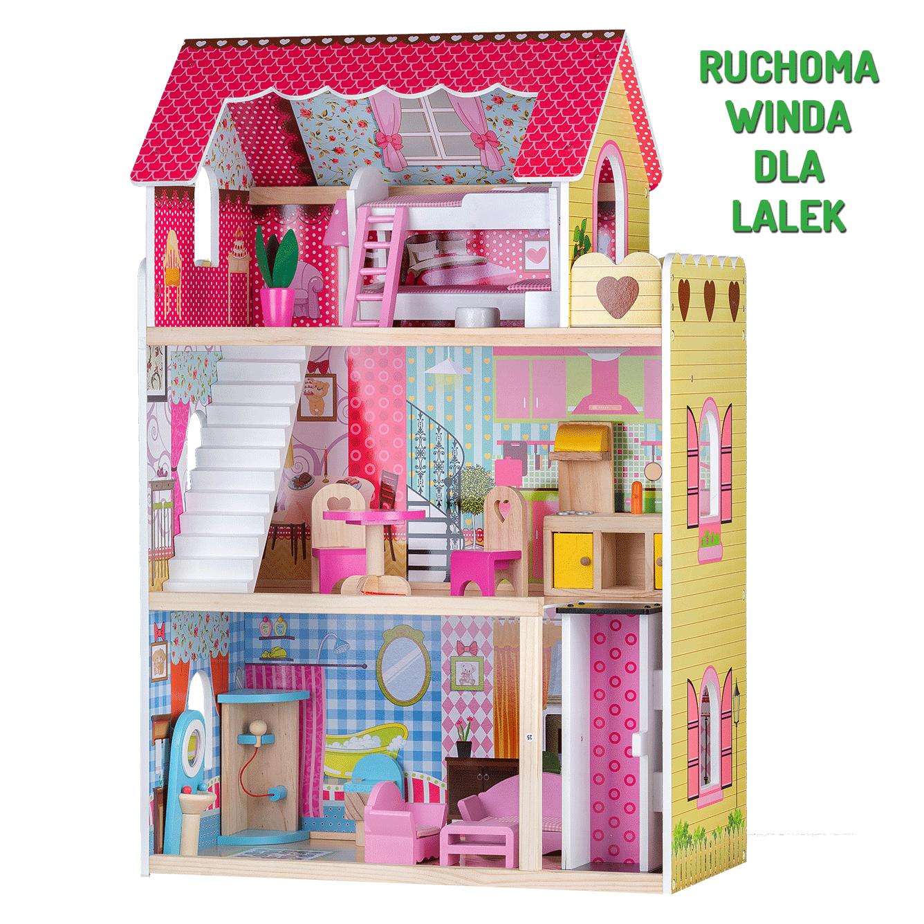 Ruchoma winda dla lalek w rezydencji malinowej ECOTOYS 4120