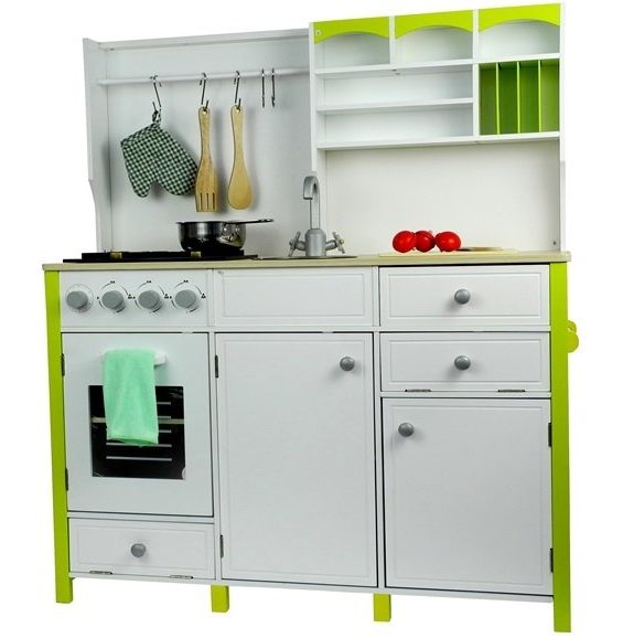 Biało-zielona, drewniana kuchnia dla dzieci